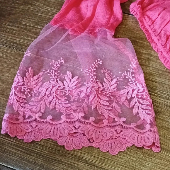 NEW Boho romantic cottage prairie lace embroidered gauzy crop pink large - Picture 9 of 9